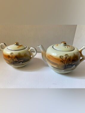 Nippon Vintage Porcelain tea pot and sugar bowl hand painted